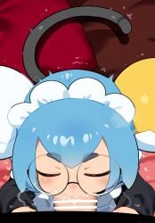 1boy 1girl absurdres bar_censor blue_hair borrowed_character brown_eyes cat_tail censored commission dorothree_(vtuber) double_bun fellatio hair_bun heart heart-shaped_pupils highres indie_virtual_youtuber large_penis maid maid_headdress mizumizuni oral penis pov round_eyewear short_hair skeb_commission symbol-shaped_pupils tail v-shaped_eyebrows