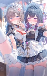 2girls animal_ears black_hair blonde_hair blue_eyes blush breasts cat_ears closed_eyes columbina_(genshin_impact) dress embarrassed eyes_closed flustered genshin_impact heart-shaped_pupils high_resolution highres leg_up legwear long_hair maid_headdress maid_outfit maid_uniform medium_breasts multicolored_hair multiple_girls one_leg_raised one_leg_up paw_gloves pekokota purple_hair sandrone_(genshin_impact) standing sweat thighhighs thighs yuri