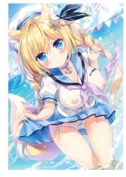 1girl ahoge ameto_yuki animal_ear_fluff animal_ears beach beret blonde_hair blush braided_hair braided_twintails breasts clothed fox_ears fox_girl fox_tail hair_ornament hat highres large_breasts looking_at_viewer low_twin_braids nipples nipples_visible_through_clothing original panties sailor_uniform school_uniform sea see-through see-through_shirt seifuku shimapan shirt side-tie_panties skirt skirt_lift small_but_busty striped_panties tail tied_hair underwear water wet wet_shirt