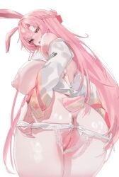 1girl absurdres animal_ears anus ass bare_shoulders blush braid breasts commentary cowboy_shot detached_sleeves fingernails from_behind half_up_braid highres huge_breasts krabking long_fingernails long_hair looking_at_viewer looking_back nipples nose_blush nude original panties panty_pull pink_hair pussy rabbit_ears rabbit_girl rabbit_tail red_eyes simple_background solo tail uncensored underwear untranslatable_commentary white_background white_sleeves