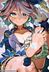 1girls ai_generated blush blushing character_request cleavage clothed clothing feet female female_only foot_fetish genshin_impact gloves nervous nervous_smile peace_sign soles solo solo_female solo_focus sweat sweatdrop sweating toes waifucrematorium