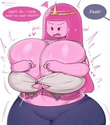 2026 adventure_time artist_name bursting_breasts bursting_clothes buttoning_shirt cartoon_network female female_focus heart_symbol huge_breasts massive_breasts no_bra overflowing_breasts pink_hair pink_skin princess_bubblegum shiny_skin startop struggling_to_fit tight_clothing toned_stomach white_background wide_hips