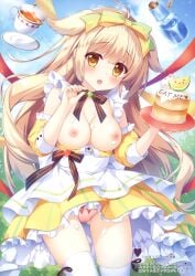 1girl ameto_yuki animal_ears apron ass bed blonde_hair blush bow_panties breasts breasts_out detached_sleeves dog_ears dog_girl dress exposed_breasts food fork frilled_panties frilled_skirt frilled_thighhighs frills hair_ornament hair_ribbon highres long_hair looking_at_viewer medium_breasts melonbooks neck_ribbon nipples on_bed open_shirt original pancake panties ribbon_panties shirt skirt_lift tail thighhighs