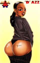 1girls artist_name back_view bare_shoulders big_ass big_butt bikini bikini_bottom black_eyes black_hair blush body_writing bubble_ass busty butt_crack cherokee_d'ass curvy dat_ass demonroyal detailed_background ear_piercing earrings english_text eyelashes female female_only hourglass_figure human lipstick looking_at_viewer looking_back makeup pants_down pants_pulled_down piercing ponytail pose posing red_lipstick shiny shiny_skin short_hair standing text tied_hair voluptuous