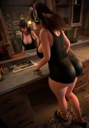 1girls asian asian_female ass big_ass big_boobs big_breasts big_butt black_dress boobs breasts brown_hair brown_hair_female brunette brunette_hair butt cheek_markings clothed clothed_female d.va dress female female_focus female_only from_behind from_behind_position korean korean_female large_ass large_boobs large_breasts large_butt mirror mirror_reflection overwatch solo solo_female solo_focus tanqian6918 video_game_character voluptuous voluptuous_female worker