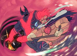 anthro belly body_hair boots chernobog cigar clothing demon erection footwear furry humanoid_penis male male_focus male_only melee_weapon mostly_nude musclegut muscular muscular_male penis polearm possession precum scythe size_difference strange_flesh the_bartender_(strange_flesh) tokyo_afterschool_summoners weapon