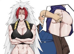 1female 1male arms_crossed big_boobs big_breasts big_tits cleavage cleavage_cutout dirty_old_man exposed_ass exposed_butt exposed_buttocks eyes_closed fit_female grope grope_from_behind groped_from_behind groping_ass groping_from_behind left_(yomi_no_tsugai) molestation molested molesting muscle_mommy muscular_female no_panties old_male old_man oni_female oni_horn sexual_harassment touching_another's_ass touching_ass trying_to_be_quiet two-tone_hair updress yomi_no_tsugai