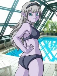 big_breasts bikini black_swimsuit blue_eyes collab collaboration demon_girl dragon_ball_(series) dragon_ball_xenoverse_3 hanazono_room headband idol long_hair no_nude pointy_ears pool purple_skin silver_hair swimsuit video_game_character video_games yamidanight