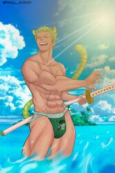 1boy abs bara bara_body bara_tiddies bara_tits barazoku beefy biceps big_bulge bigger_male broad_shoulders bulge earrings exhibitionism finall_bosss frown frowning gay green_hair hairless half-dressed half_naked half_nude handsome handsome_man holding_sword hunk island japanese_male jockstrap jockstrap_only looking_down male male_focus male_only manly masculine masculine_male muscular muscular_male ocean one_piece pecs pectorals penis_bulge post-timeskip quadriceps roronoa_zoro scar scar_across_eye scar_on_chest scar_on_face scars sea six_pack smile solo solo_focus solo_male swordman tall_male taller_male tough_guy triceps underwear underwear_only water waves yaoi