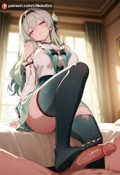 ai_generated busty firefly_(honkai:_star_rail) footjob gradient_hair honkai:_star_rail long_hair looking_at_viewer penis pov ribbon young