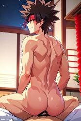2boys ai_art ai_generated blushing boy_on_top brown_hair completely_nude_male cowgirl_position looking_back outdoors penetration position red_bandana riding_penis rurouni_kenshin sanosuke_sagara shounen_jump smiling_male twitter_username unseen_male_face
