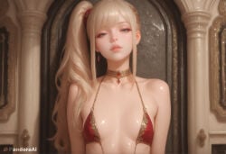 1boy 1femboy absurd_res ai_generated artist_name artist_upload bare_shoulders bikini blonde_hair blue_eyes breasts choker collarbone crossdressing earrings femboy femboy_focus feminine_male gay gem half-closed_eyes hi_res indoors jewelry lips long_hair looking_at_viewer more_at_source pandora parted_lips patreon patreon_username red_bikini self_upload side_ponytail sidelocks small_breasts solo swimsuit transgender uncensored upper_body watermark