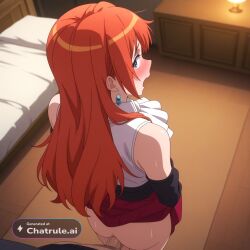 1girl aged_up ai_assisted ai_generated anime_coloring bare_legs blue_eyes depth_of_field dick_in_ass earrings floating_earring from_behind hair_ornament heavy_breathing jewelry long_hair messy_hair necklace orange_hair shirt_pulled_down skirt skirt_lifted sweaty warm_lighting white_ascot white_top