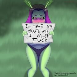 1girl aroused aroused_face begging big_breasts blush blushing digital_drawing_(artwork) digital_media_(artwork) english english_text green_sclera heart-shaped_pupils humanoid i_have_no_mouth_and_i_must_scream kawaiiredpandas looking_at_viewer moth_girl outdoors purple_eyes purple_hair solo solo_female tagme thick_thighs wet_pussy
