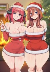 2girls ai_generated big_breasts blue_eyes breasts brown_hair christmas christmas_clothing christmas_hat christmas_outfit dijiai female go-toubun_no_hanayome hair light-skinned_female light_skin medium_hair nakano_miku nakano_nino pink_hair short_hair sisters thick_thighs thighs