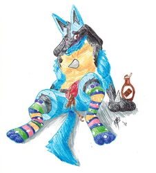 1boy 2018 anthro blue_fur blush candy chocolate chocolate_sauce clothed clothing feet food fur furry invalid_tag legwear looking_at_viewer lucario male male_only mammal nintendo paws penis pokemon pokemon_(species) pokemon_dppt simple_background sketch solo stockings tail testicles text thebarabandit traditional_media_(artwork) video_games watermark