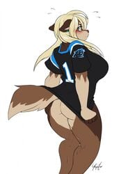 2018 anthro ass big_breasts blonde_hair blue_eyes blush bottomless breasts brown_fur canine clothed clothing ear_piercing elnora_karkhov embarrassed female fur hair in_heat looking_at_viewer mammal piercing pussy_juice shirt simple_background solo standing thick_thighs white_background yogoat