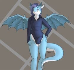 2018 anthro blue_eyes blue_hair bulge clothed clothing dragon girly hair hi_res hoodie horn male membranous_wings penis_outline signature skipsy skipsy_dragon_(character) solo spread_wings wings