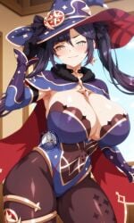 1girls ai_generated breasts female female_focus genshin_impact large_breasts light-skinned_female light_skin looking_at_viewer mona_(genshin_impact) shiny_skin solo thick_thighs thighs wet wide_hips yuukiai