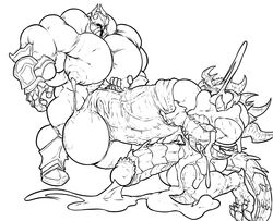 armor boner cum cum_on_partner cumshot demon diablo ejaculation erection foreskin foreskin_play hyper hyper_muscles hyper_pecs hyper_penis male male_lactation male_only monochrome mr_canvas muscular nipple_pinch nude orgasm penis pinch uncircumcised unconvincing_armor uncut