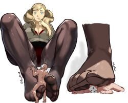 1girls ann_takamaki crushing digital_drawing_(artwork) dominant_female domination feet feet_focus feet_on_face feet_together feet_up female female_only giantess payetvore persona sweat thighs