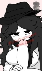 1boy 1girls big_penis black_eyes black_hair blowjob commission expressionless fedora hand_on_penis liliaoutcontext penis reference_image roblox roblox_avatar robloxian sucking tagme watermark white_penis