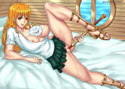 1girls bed big_breasts breasts clima-tact female female_only footwear going_commando homie_(one_piece) insertion looking_at_viewer masturbation nami nami_(one_piece) nipples no_bra no_panties no_underwear object_insertion one_piece orange_hair post-timeskip pussy skirt soru_soru_no_mi vaginal vaginal_insertion zeus_(one_piece) ziz_second