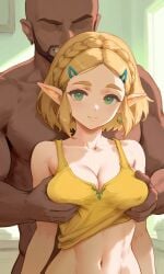 ai_generated beard breast_grab dark-skinned_male double_breast_grab faceless_male grin imminent_sex indoors light_smile looking_at_viewer tank_top zelda_(breath_of_the_wild)