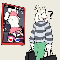 1:1 aged_up anthro armwear asriel_dreemurr bag boss_monster_(undertale) bottomwear bovid caprine cellphone clothed clothing clothing_lift crossdressing electronics femboy fur genitals goat hi_res horn jrjresq legwear male mammal miniskirt nipples pants pattern_armwear pattern_clothing pattern_legwear pattern_sweater pattern_thigh_highs pattern_topwear penis penis_poking_out phone pink_clothing question_mark shirt shirt_lift skirt solo striped_armwear striped_clothing striped_legwear striped_sweater striped_thigh_highs striped_topwear stripes surrogate_exposure sweater thigh_highs thong topwear undertale undertale_(series) underwear white_body white_fur