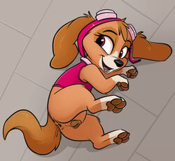 2018 anatomically_correct anatomically_correct_pussy animal_genitalia animal_pussy ass brown_fur canine canine_pussy clothed clothing female female_only fur furry furry_only highres lying mammal on_side open_mouth paw_patrol pawpads paws pussy skye_(paw_patrol) smitty_g solo teeth tongue