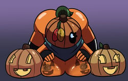 ass bodypaint breasts donutsecret female green_hair hands_on_breasts looking_at_viewer nipples one_eye_covered orange_skin pumpkin pumpkin_head tagme top-down_bottom-up