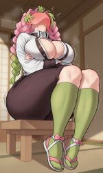 ai_generated aree_burn bare_thighs blush braided_hair demon_slayer gigantic_breasts huge_breasts huge_thighs implied_orgasm kanroji_mitsuri kimetsu_no_yaiba light-skinned_female light_skin low-angle_view massive_breasts multicolored_hair pink_hair shounen_jump solo_female squatting sweat sweatdrop thick_body thick_female thick_thighs thighs voluptuous voluptuous_female