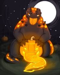 3_fingers amphibian big_penis bioluminescence black_skin cum deity food fruit fucking_pumpkin glowing glowing_cum glowing_penis halloween himerosthegod holidays improvised_sex_toy long_penis male male_only mulcer_(himeros) overweight penis precum prehensile_penis pumpkin pumpkin_fucking salamander solo spikes tapering_penis thick_penis tongue tongue_out unusual_cum unusual_penis