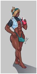 abs ambush_(trap) barefoot blazinahegao blonde_hair blue_lipstick bulge dark-skinned_male dat_ass erection_under_clothes femboy hair_over_one_eye lipstick looking_at_viewer male muscles muscular_femboy muscular_trap navel pink_eyes smile solo thick_thighs thong toned trap wide_hips