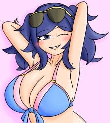 1girls alternate_breast_size alternate_costume armpits arms_behind_head artist_signature big_breasts big_sister bikini bikini_top blue_bikini blue_eyes blue_hair blue_swimsuit blush breasts busty cleavage cynthia_(fire_emblem) fire_emblem fire_emblem_awakening grin hands_behind_head huge_breasts large_breasts one_eye_closed onee-chan pega_pony_princess petelewddigger photoshop pink_bikini pink_swimsuit pose seductive seductive_smile sexy sexy_pose smile solo sunglasses sunglasses_on_head swimsuit third-party_edit twintails upper_body wink