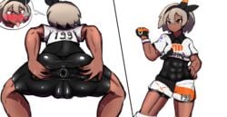 1girls abs ahe_gao anus ass bea_(pokemon) bike_shorts blush bodysuit cameltoe dark-skinned_female dark_skin facing_away heart-shaped_pupils hypnosis mind_control muscular_female oekaki_glow pokemon pokemon_ss puffy_pussy short_hair spread_anus sweat tongue_out white_hair