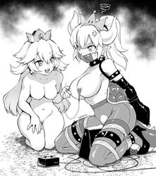 2girls absurdres anger_vein angry armbinder blush bondage bound bound_arms bound_legs bowsette breasts crown earrings eudetenis exposed_ass exposed_breasts exposed_pussy female female_focus female_only femdom femsub gag gagged genderswap_(mtf) greyscale high_heels highres horns human jewelry kneeling large_breasts lesbian lezdom mario_(series) medium_breasts monochrome multiple_girls naked naked_female new_super_mario_bros._u_deluxe nintendo nipple_piercing nipple_rings nipple_tweak nude nude_female pantyhose piercing pointy_ears princess_peach pussy restrained rope rule_63 smile super_crown super_mario_bros. tape tape_gag taped_mouth tied_up torn_clothes torn_pantyhose yuri