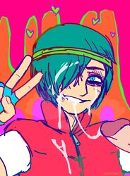 after_oral biker_(hotline_miami) blue_eyes clothed cum_in_hair cum_on_face cumdrip cumstring erection femboy frenulum glans hair_over_one_eye hairband heart hotline_miami huge_cock octoboy smile tagme teal_hair v yaoi