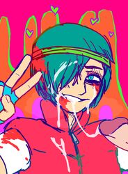 after_oral biker_(hotline_miami) blood blood_stain blue_eyes clothed cum_in_hair cum_on_face cumdrip cumstring erection femboy frenulum glans guro hair_over_one_eye hairband heart hotline_miami hotline_miami_2 huge_cock octoboy smile teal_hair v yaoi