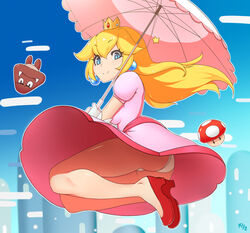 1girls ass blonde_hair blue_eyes crown dress earrings elbow_gloves female gloves goomba high_heels human jewelry kuroonehalf long_hair looking_at_viewer mario_(series) mushroom nintendo panties pantyshot pink_dress pointy_chin princess princess_peach shoes smile solo super_mario_bros. tagme upskirt white_panties