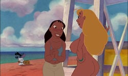 2girls accurate_art_style ass bimbo blonde_hair blush bracelet brown_nipples casual clothed clothed_female clothed_female_nude_female dark-skinned_female dark_skin disney edit female gan_(artist) huge_breasts lifeguard lifeguard_(lilo_and_stitch) lilo_and_stitch nani_pelekai nipples nude nude_female public screenshot screenshot_edit topless wristwear yuri