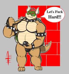 1boy 2018 aereous animal_humanoid anthro barazoku belly biceps bondage bound bowser bulge collar domination english_text erection full_body hair hi_res horn humanoid koopa looking_at_viewer male male_domination male_only mario_(series) muscular muscular_male nintendo pecs scalie simple_background slightly_chubby smile solo speech_bubble spiked_collar spikes standing submissive submissive_male text thick_thighs video_games