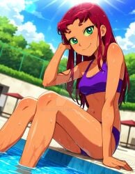 2025 cartoon_network dc_comics dc_super_hero_girls deviantart elryusam green_eyes meta orange_skin pool purple_bikini purple_bra purple_panties red_eyebrows red_hair starfire starfire_(teen_titans) teen_titans wet wet_bikini wet_body wet_bra wet_clothes wet_clothing wet_hair wet_panties wet_skin