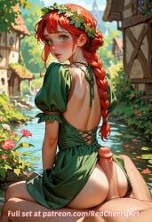 ai_generated ass ass_focus big_penis blush braid buttjob crossdressing dress femboy freckles penis red_hair redcherryart sissy sitting trap village yaoi