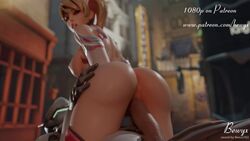 1boy 1girls 3d alternate_costume animated ass bewyx blonde blonde_hair cowgirl_position female genji king's_row_(map) male mercy nexus763 outdoors overwatch penis pink_mercy sex sound vaginal_penetration video