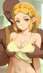 ai_generated beard breast_grab dark-skinned_male double_breast_grab faceless_male grin imminent_sex indoors light_smile looking_at_viewer tank_top zelda_(breath_of_the_wild)