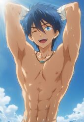 ai ai_art ai_assisted ai_generated aoi_sekai_no_chuushin_de arm_bandages armpits arms_behind_head bandage bandages beach gay gear_(aoi_sekai_no_chuushin_de) hands_behind_head happy male_focus male_only necklace one_eye_closed showing_armpits solo_male sunlight toned toned_body toned_male wet wink world_war_blue