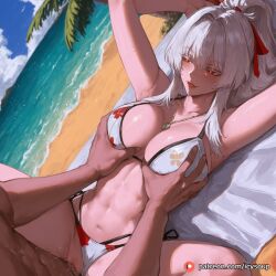 1boy 1girls ai_generated beach big_breasts bikini bikini_bottom_aside blush breasts cherry_blossom_print curvaceous curvy curvy_female curvy_figure eyebrows_visible_through_hair female_focus female_penetrated grabbing_breasts hair_between_eyes hair_ornament hands_above_head high_ponytail high_quality hiyuki_(wuthering_waves) icysoup jewelry large_breasts light-skinned_female mature_female milf missionary_position mole mole_under_eye more_at_source muscular_male necklace ocean on_back on_towel patreon patreon_username pleasure_face ponytail print_bikini red_eyes red_nails sand sandals self_upload sex sidelocks sweat uncensored vagina vaginal_penetration vaginal_sex very_long_hair white_bikini white_eyebrows white_eyelashes white_hair wuthering_waves
