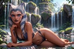 1girls ahsoka_tano ai_generated alien artist_name barefoot black_bra blue_bra blue_eyes bra breasts cleavage clone_wars colored_skin day face_markings facial_mark flower hi_res humanoid jedi lingerie lips looking_at_viewer lucasfilm lying markings medium_breasts montrals navel on_side orange_skin outdoors panties r34arts smile solo star_wars star_wars_rebels tentacle_hair thigh_gap togruta underwear underwear_only water waterfall