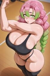ai_generated demon_slayer green_eyes gym_clothes kanroji_mitsuri large_ass large_breasts pink_and_green_hair sports_bra stuffyai tagme thick_thighs